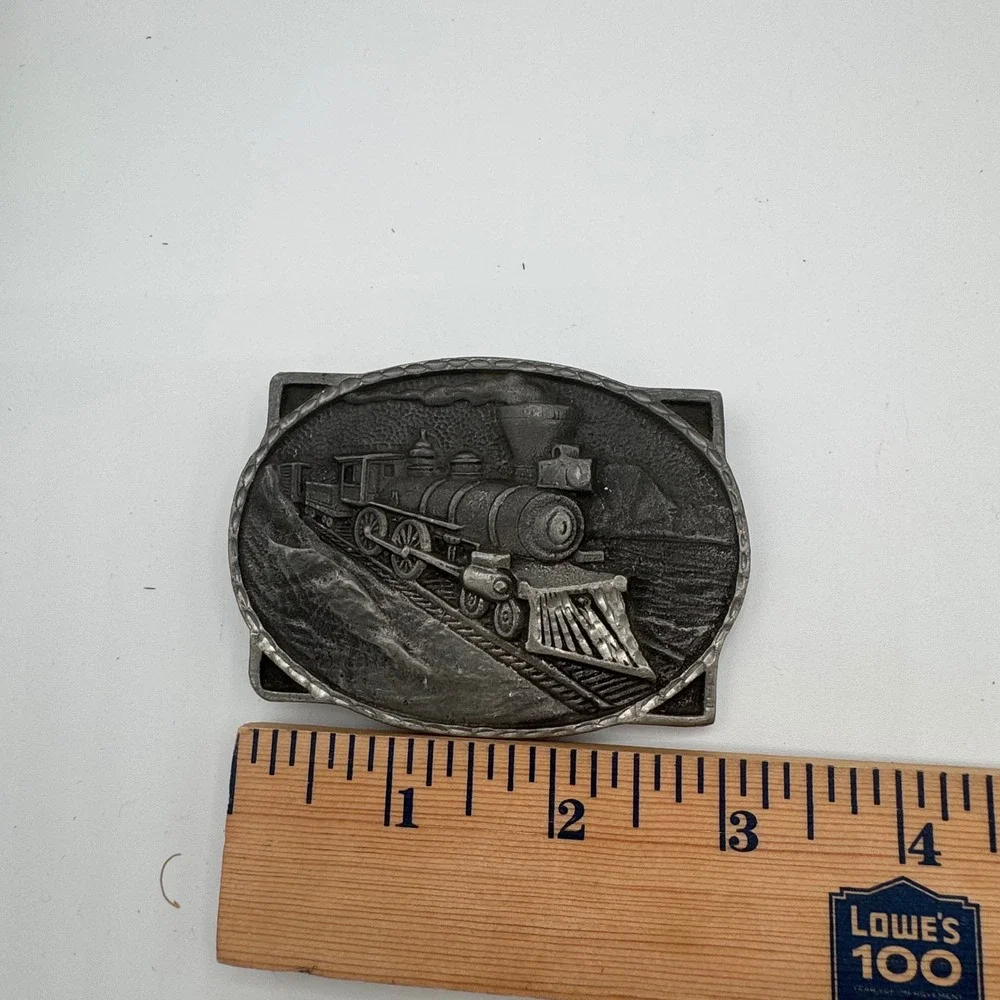 Vintage Steam Locomotive Train Belt Buckle Pewter Tone Railroad Mountain Scene